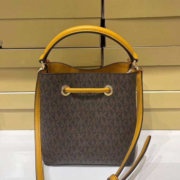 Michael Kors Suri MINI Bucket Satchel Shoulder Crossbody Bag MK Brown Yellow - Picture 5 of 12